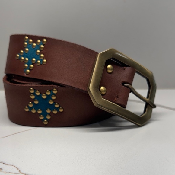Free People Accessories - Free People brown Belt with Brass Buckle & studs and Blue Star Accents Size M/L